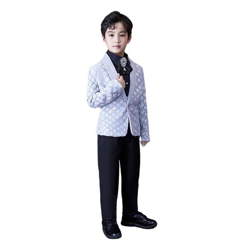 Children Kids Singer Host Stage Performance white square sequin dress suit boy flower suit sets boy Host model Show piano British performance Blazer Pants Shirts