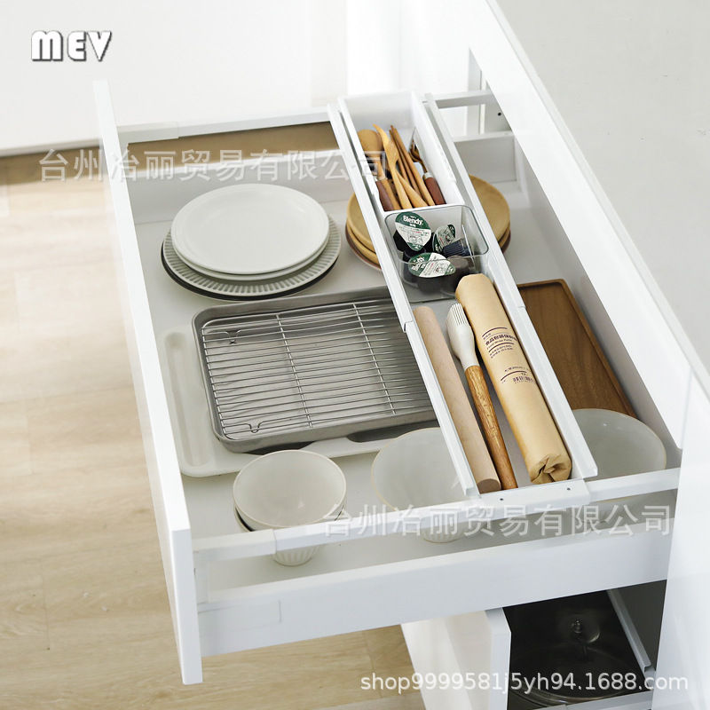 Drawer Upper and Lower Layered Storage Racks Plus Layered Cabinets with Built-In Partitions and Retractable Cutlery Storage Boxes