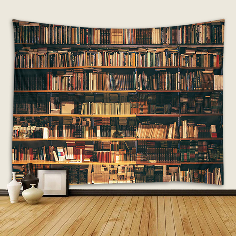 Three-dimensional Bookshelf Tapestry Study Book Wall Hanging Brown Polyester Tapestry Bedroom Living Room Dormitory Study Decorative Hanging Cloth