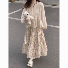 夏の韓国風花柄スカートレーストップスーツ女性のための甘い森スタイルツーピースセット新しいスタイル