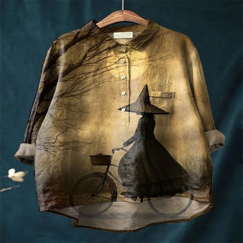 Halloween Cute Witch Digital Print Women's Casual Cotton and Linen Long Sleeve Casual Loose Shirt Halloween Cute Witch Digital Print Women's Casual Cotton and Linen Long Sleeve Casual Loose Shirt