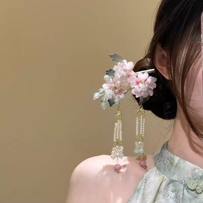 中国风花朵珍珠流苏发簪高级感古风精致百搭设计感汉服配饰法式|undefined