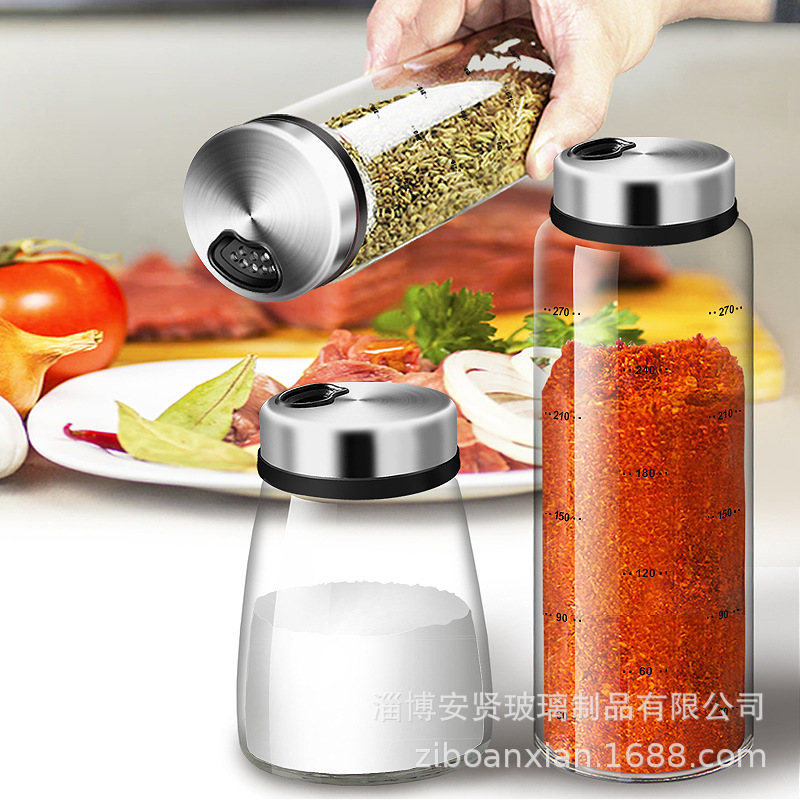 Acero inoxidable tapa condimento botella vidrio condimento tarro pimienta coctelera condimento botella barbacoa cocina sal tarro condimento caja a prueba de humedad