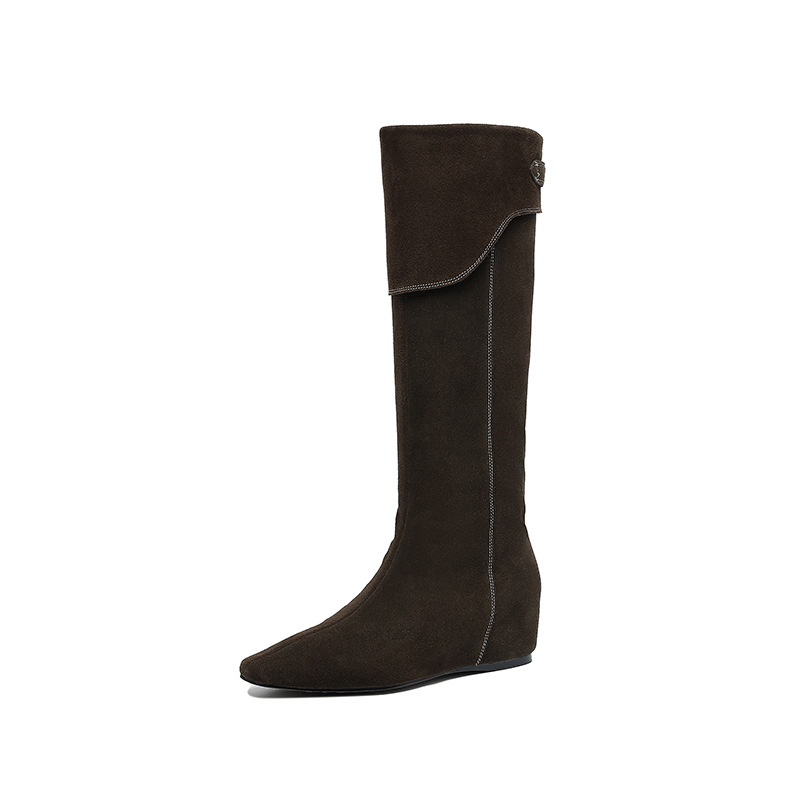 Boot nữ cổ cao da mờ phong cách Wasteland, đế xuồng tăng chiều cao, mùa thu đông — Màu nâu, xanh xám