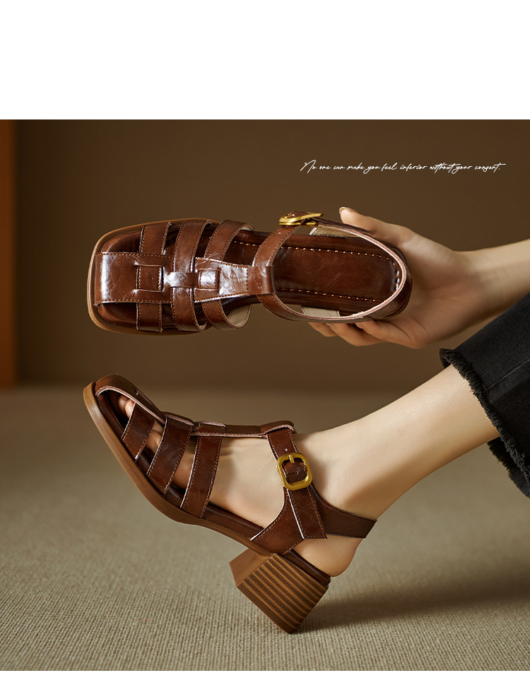 Sandal bít mũi nữ da thật kiểu Pháp cổ điển, gót trung dệt rỗng — Màu nâu, Màu đen, Màu trắng be chi tiết 7