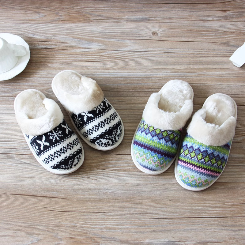 Nordic Ethnic Style Knitted Cotton Slippers, Autumn and Winter Fleece-Lined, Warm, Non-Slip Indoor Closed-Toe Slippers, Custom-Made by the Manufacturer
