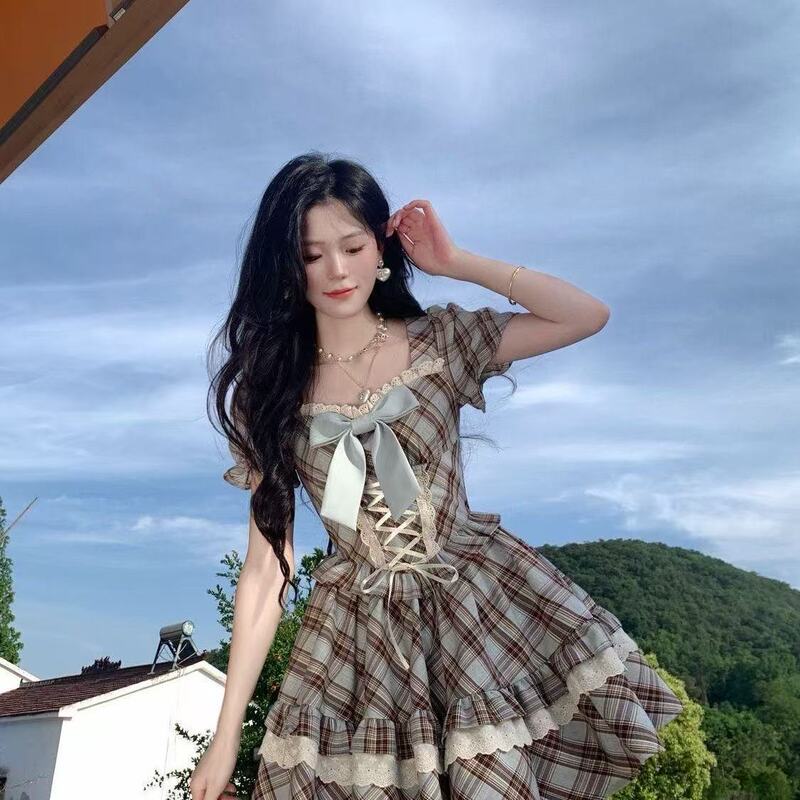 大码女装法式复古学院风方领泡泡袖连衣裙夏甜美蝴蝶结格纹公主裙|undefined