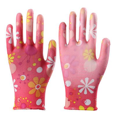 Delgado fino plástico pimienta picking Guantes ligero y flexible verano hilo de nylon con pegamento PU recubierto palma polvo trabajo guantes de las mujeres