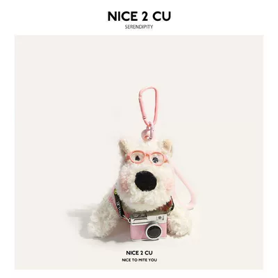 ice cream doodle puppy plush: Car hanging - white-sweater-pink-camera-west-highland-no-specifications
