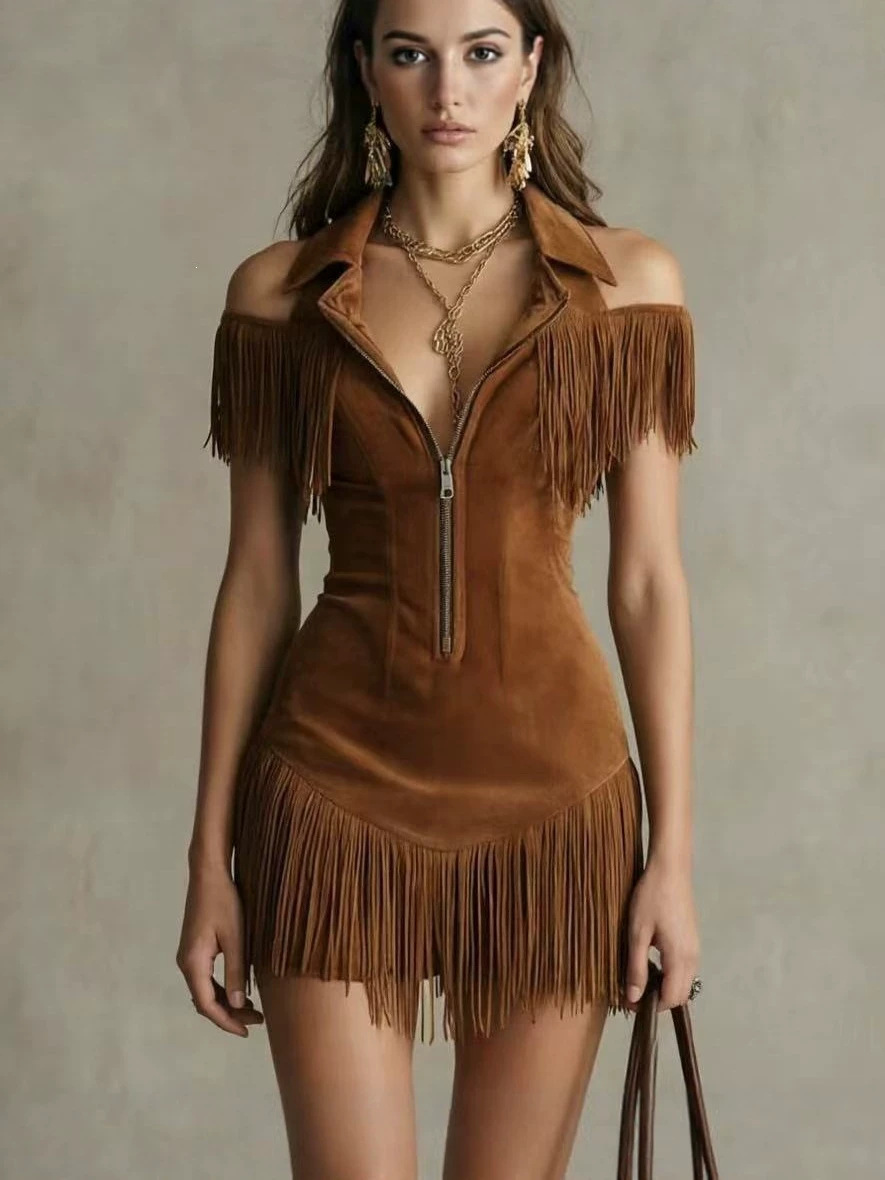2026 New Cross-Border Y2K American Retro Suede Tassel Off-Shoulder Dress Western Style Hot Girl Waist-Cinching Short Dress