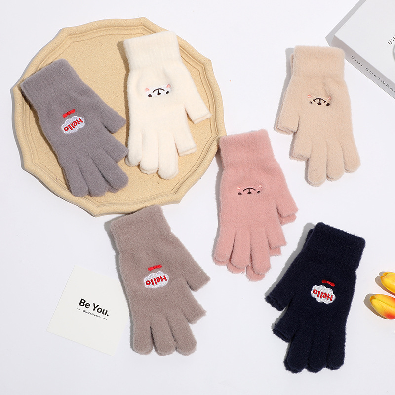 Korean Style Velvet Thickened Two-Finger Touch Screen Gloves for Men and Women in Autumn and Winter Outdoor Cycling Cold-Proof and Warm Five-Finger Gloves