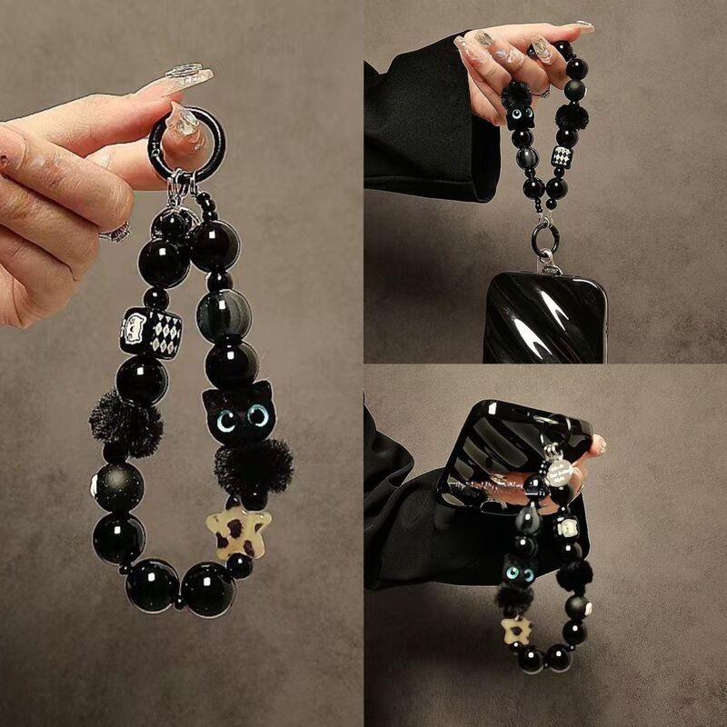 Niche High-grade Black Plush Cat Mobile Phone Lanyard Beaded Hand Chain Wrist Strap Car Keychain Bag Pendant Niche High-grade Black Plush Cat Mobile Phone Lanyard Beaded Hand Chain Wrist Strap Car Keychain Bag Pendant
