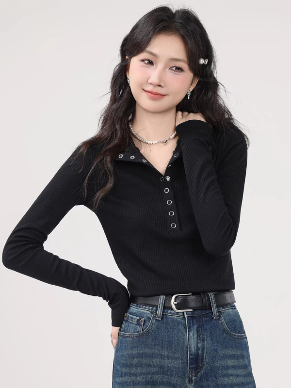 秋季穿搭高级感polo领长袖T恤女设计感修身显瘦辣妹小众针织上衣|undefined