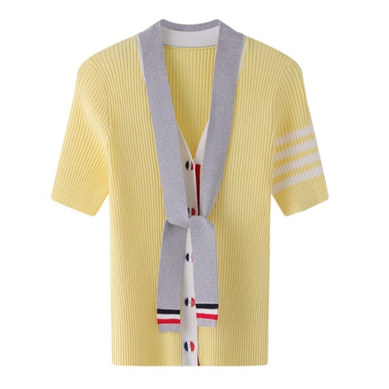 In-Stock 2026 Spring/Summer High-End Version Tb Four-Stripe Ice Silk Knit V-Neck Single-Breasted Tie Cardigan Slim Fit Outerwear