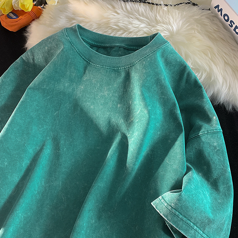 Nueva tendencia de algodón puro batik retro suelto de manga corta salteado de color lavado viejo camiseta pareja masculina dopamina top