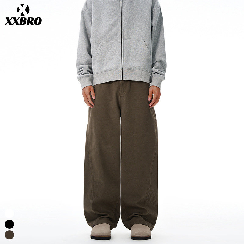 xxbro男装#秋季美式潮牌拼接情侣款弯刀牛仔裤阔腿碳磨斜纹香蕉裤