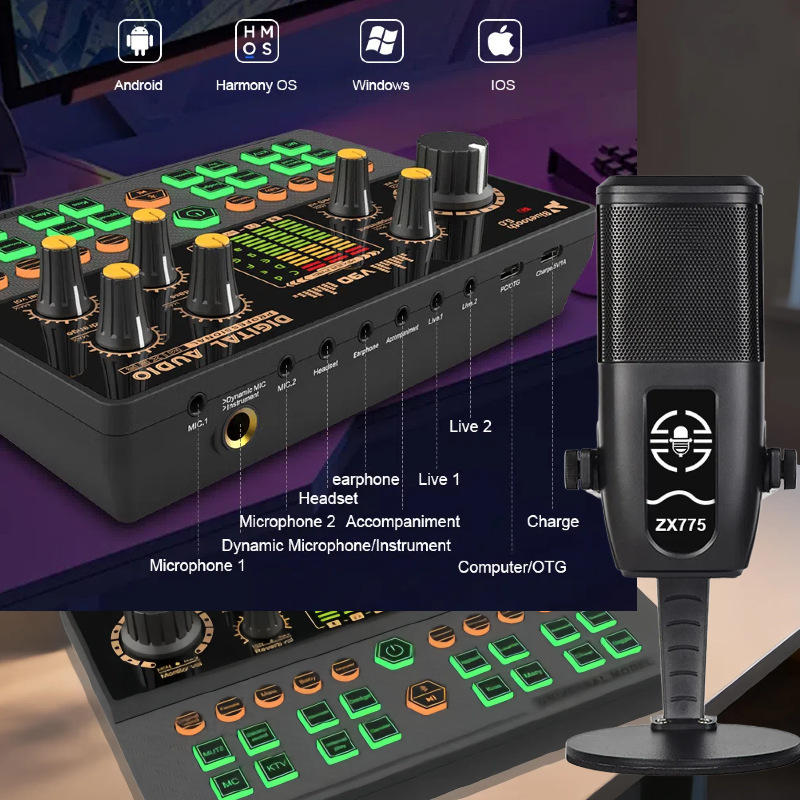 新款v90+zx775声卡套装适用于直播游戏支持充电