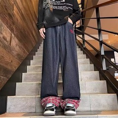 跨境春夏新款美式复古格纹拼接直筒休闲裤男女宽松潮流牛仔裤潮牌