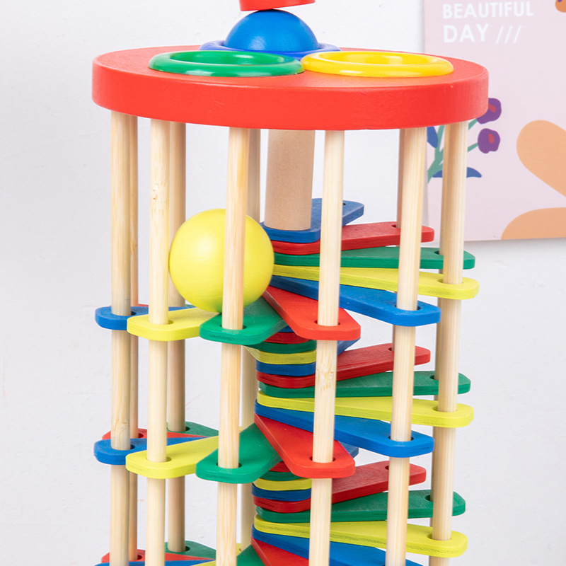 Bola de madera que golpea escalera que cae coordinación mano-ojo DE LOS NIÑOS color del bebé mesa de juego giratoria madera educación temprana juguetes educativos
