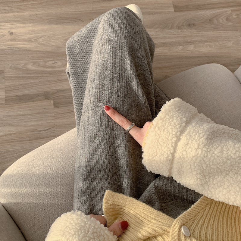 软糯羊绒阔腿裤女秋冬新款宽松细条百搭休闲裤垂感显瘦直筒裤子女