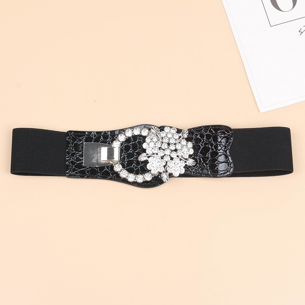 Cintura larga elastica nera alla moda da donna con decorazioni di diamanti, vestito, cappotto, chiusura in vita, strass, ragazza alla moda e paffuta_voghion.com