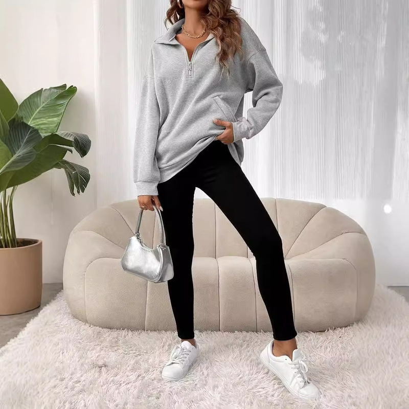 2024 Autumn New Simple Commuter Zipper Open Chest Design Vertical Collar Pocket Loose Long Sleeve Sweat Top for Women 2024 Autumn New Simple Commuter Zipper Open Chest Design Vertical Collar Pocket Loose Long Sleeve Sweat Top for Women