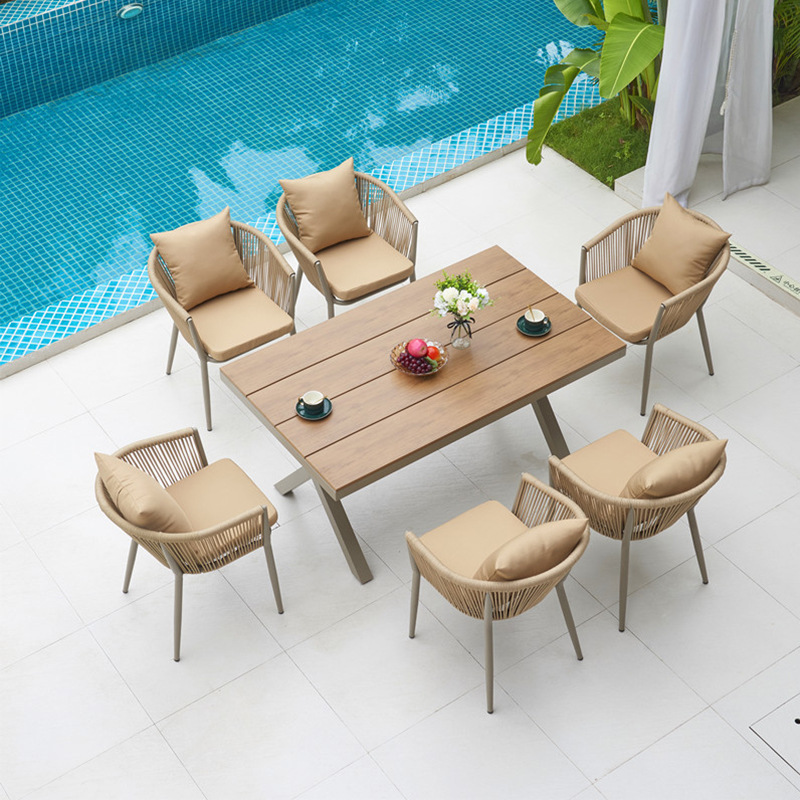 41_테이블 및 의자 세트: 원형 로프 의자 6개 + 150_90 플라스틱 목재 긴 테이블