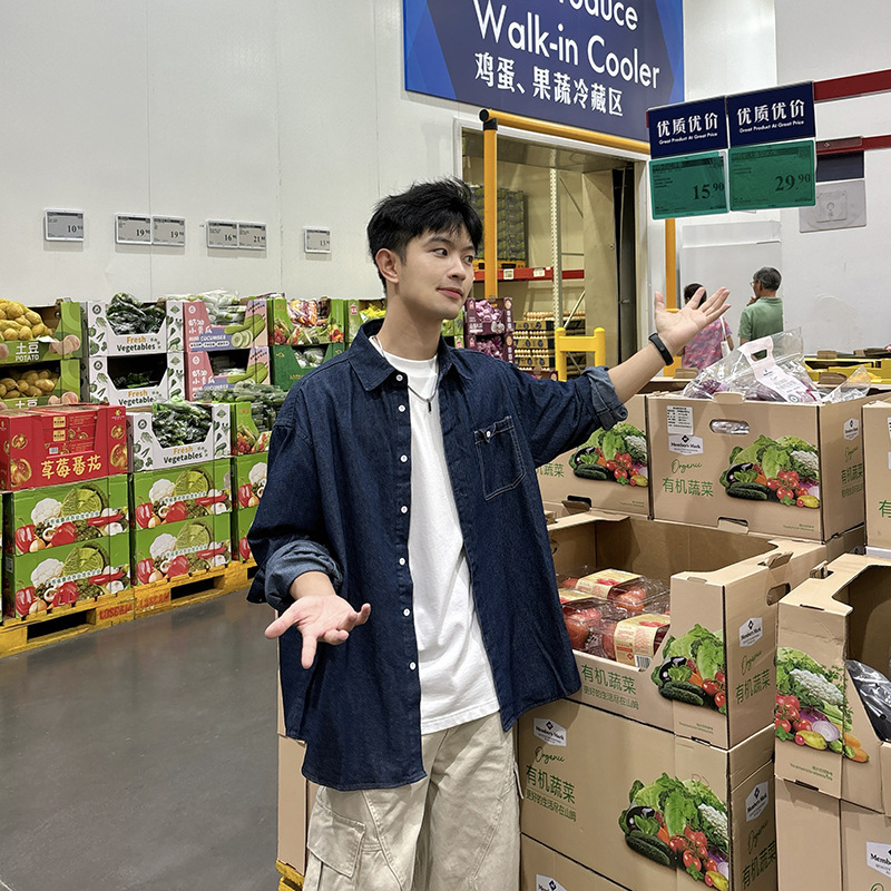 蓝色牛仔衬衫长袖男生2025秋季设计感百搭纯色外套休闲上衣衬衣|undefined