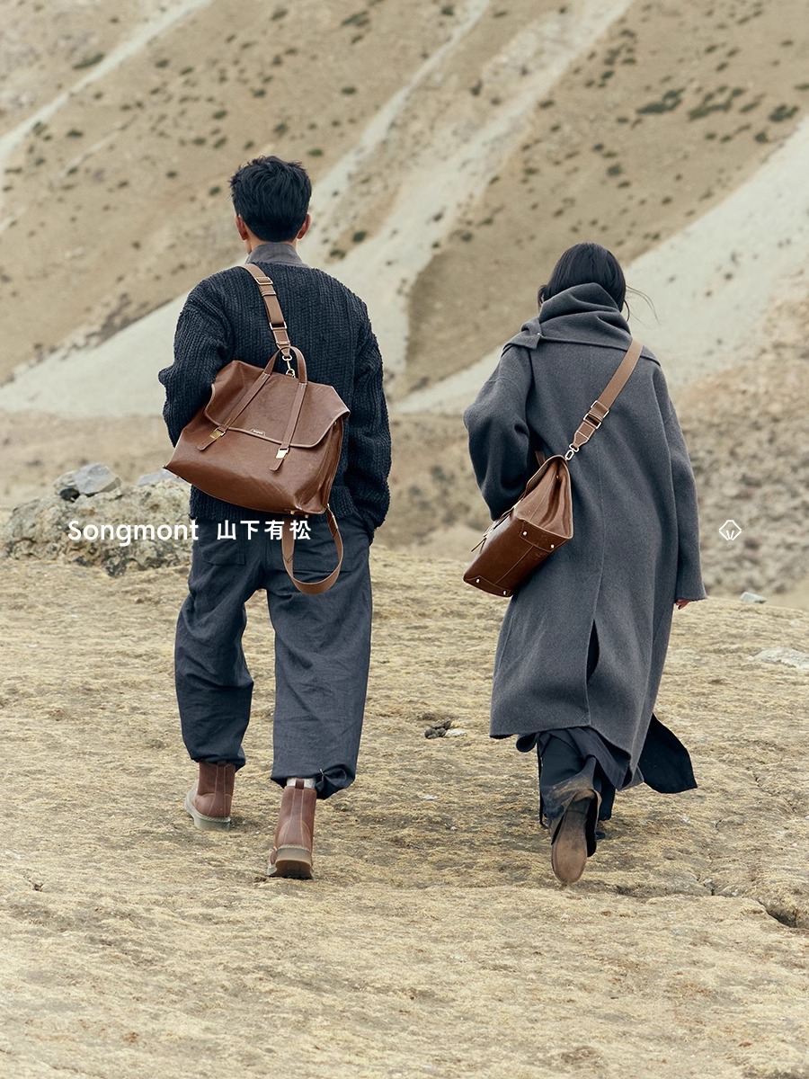 新作「宋山下有行」シリーズ旅行用ブリーフケース、ジェンダーレス、ヴィンテージ風植物タンニン鞣し革、斜め掛け/ショルダーバッグ、通勤用