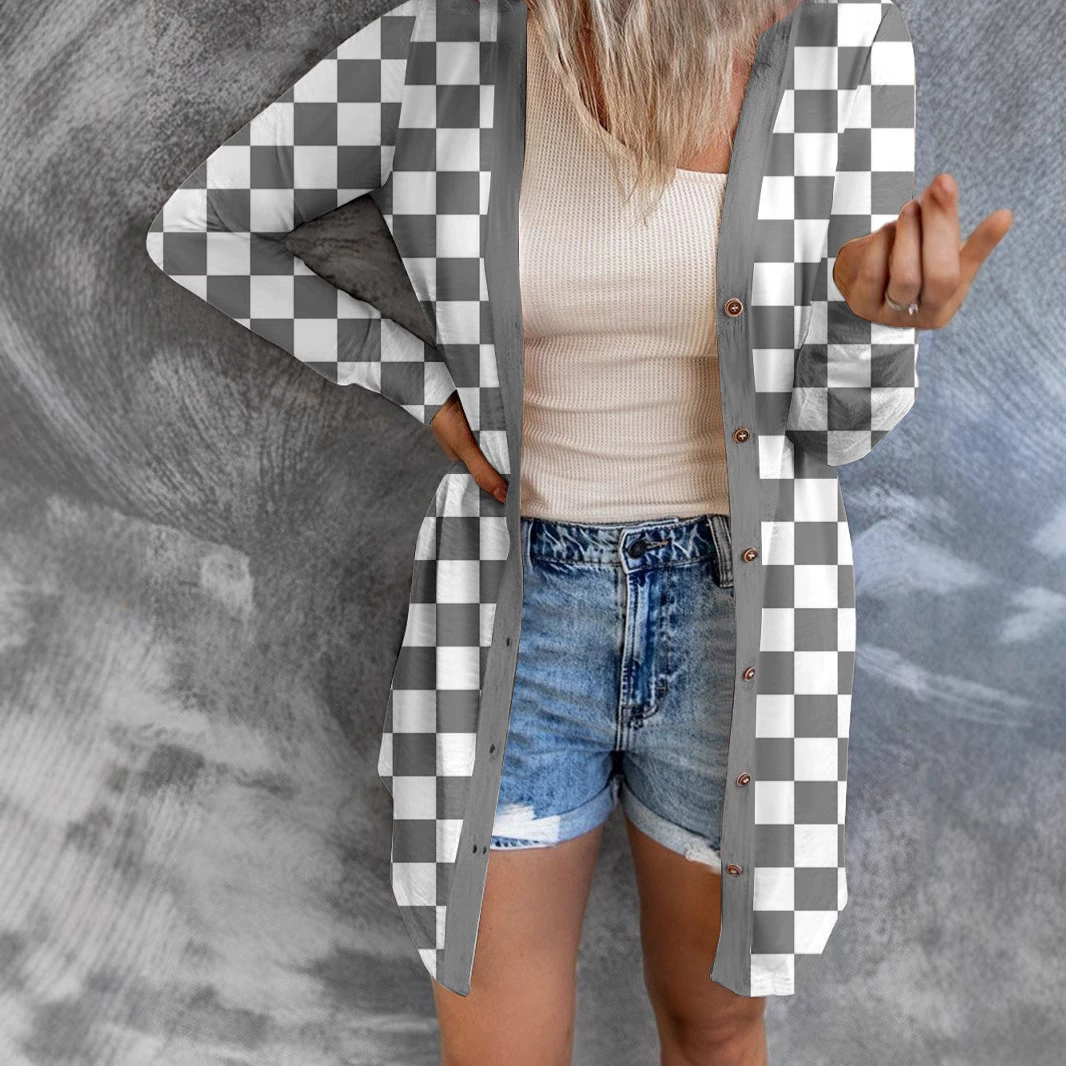 2025 весна лето новая европейская и американская трансграничная женская длинная клетчатая куртка свободный вязаный кардиган