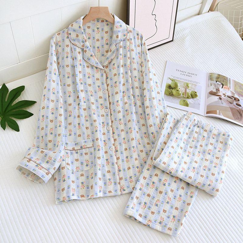 면 크레이프 옷깃 파란색 줄무늬 곰 감금 세트 세트