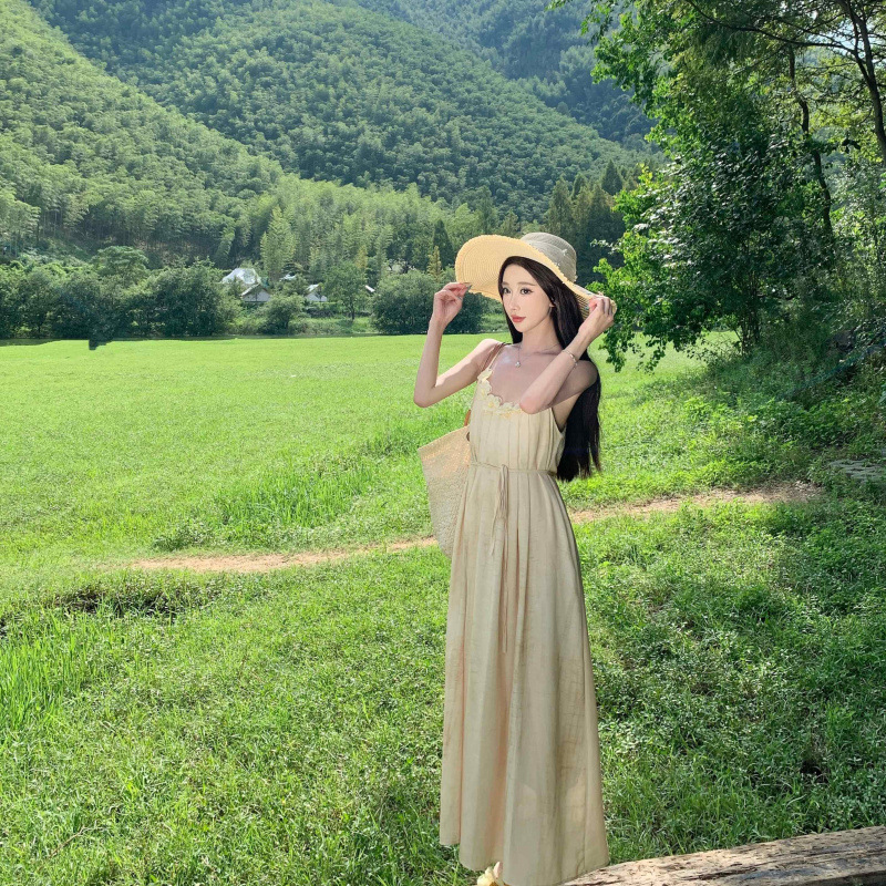 New Yellow Suspender Dress for Women in Summer, Beautiful Seaside Vacation, Elegant Atmosphere Beach Long Dress