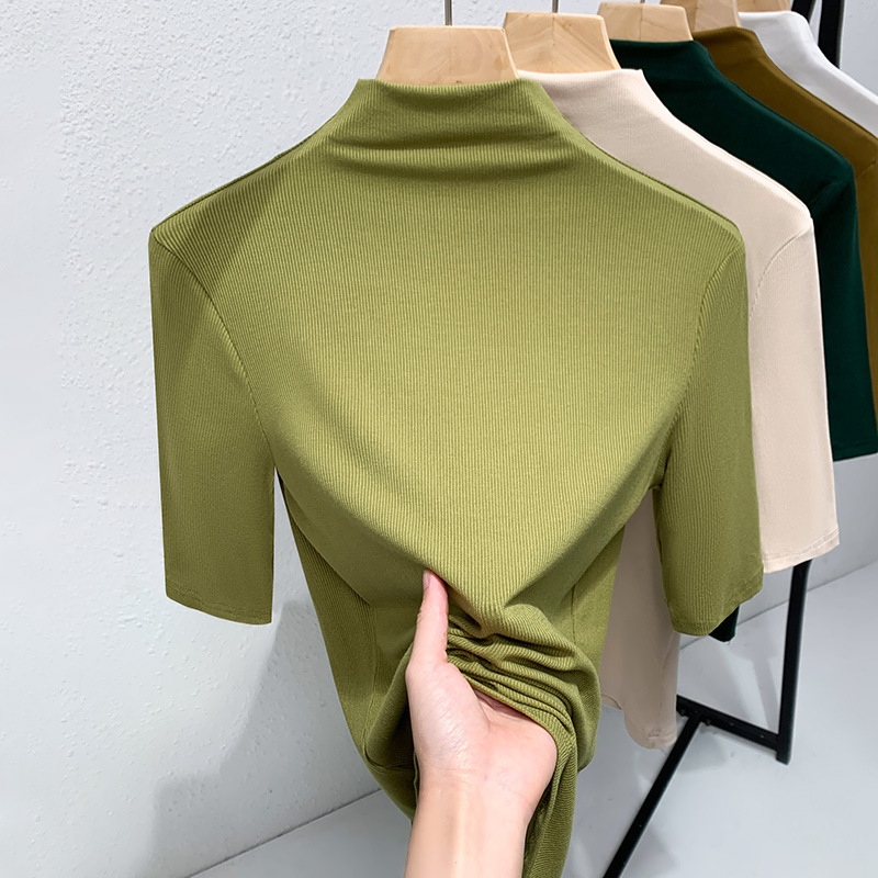 Threaded Bottoming Shirt for Women 2025 New Women's Elegant Half Turtleneck Pure Color T-Shirt with Elegant and Three-Quarter Sleeve Top