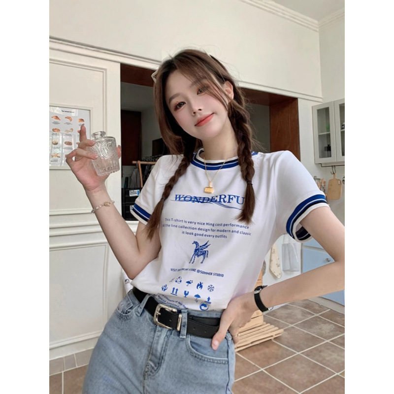 Korean Style Tops with Jeans, Unique Design, Niche Contrasting Color Short-Sleeved Right Shoulder T-Shirt for Women Summer