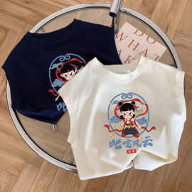 韩版哪吒新款夏季短袖卡通儿童T恤女童纯棉男童上衣宽松衣服背心