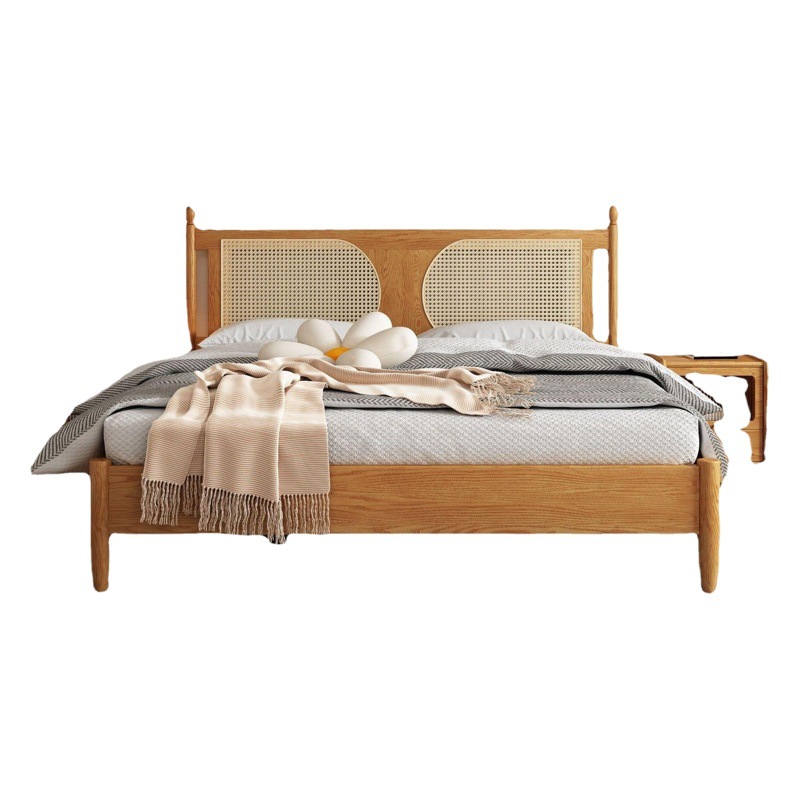 Nórdico blanco cera madera ratán cama 1,8 B & B retro japonés moderno minimalista registro estilo ratán cama doble