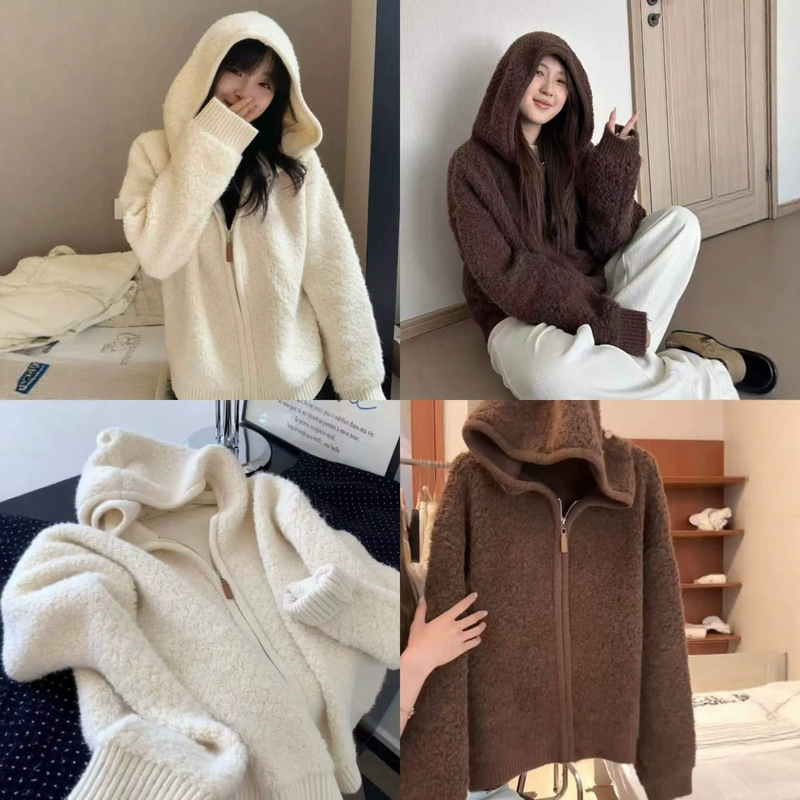 Simple casual style hooded jacket, zippered sweater cardigan for women, autumn and winter plush warm coat, thickened top