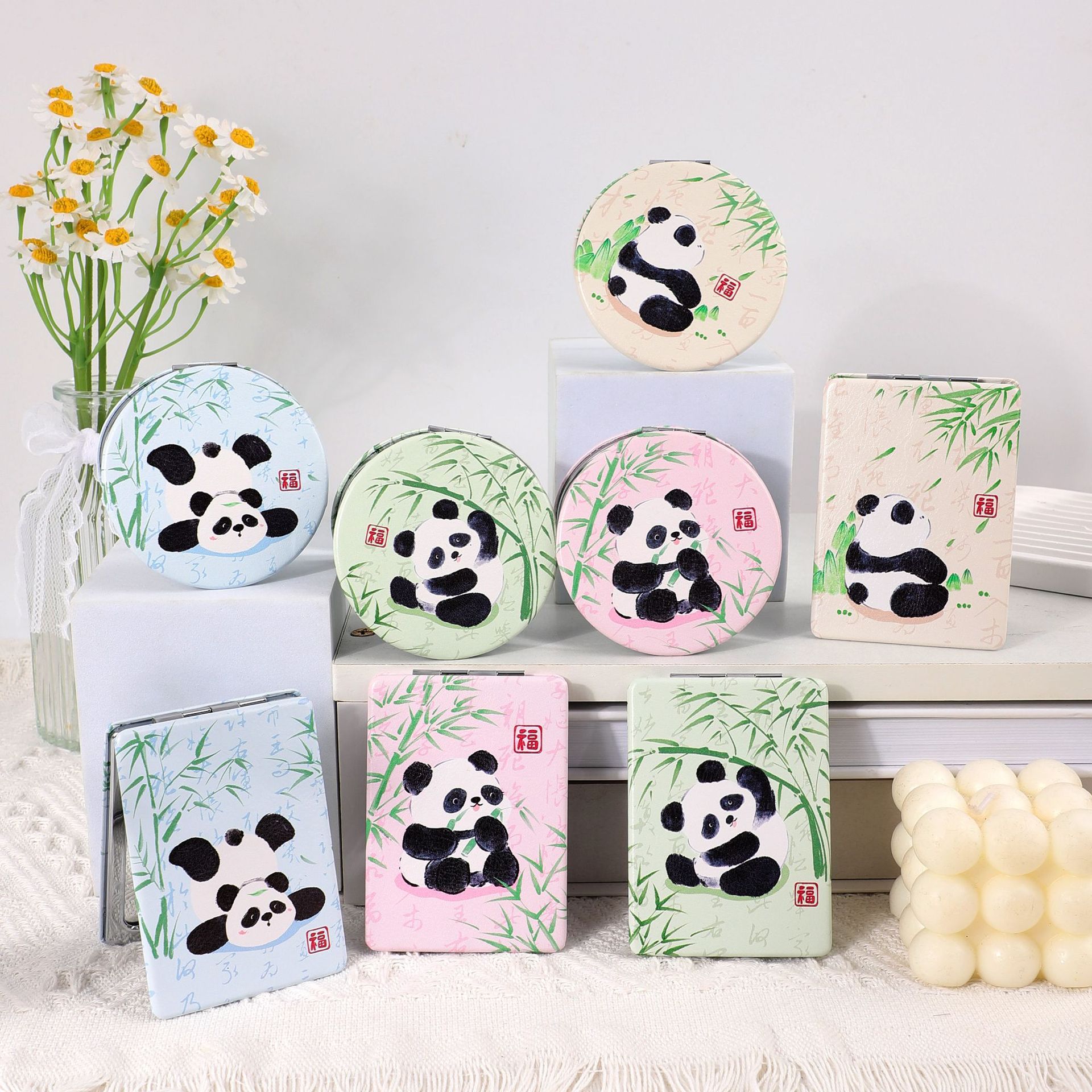 Espejo portátil de doble cara de cuero blanco para dibujos personalizados espejo personalizado impresión de dibujos animados bidimensionales ip transfronterizos