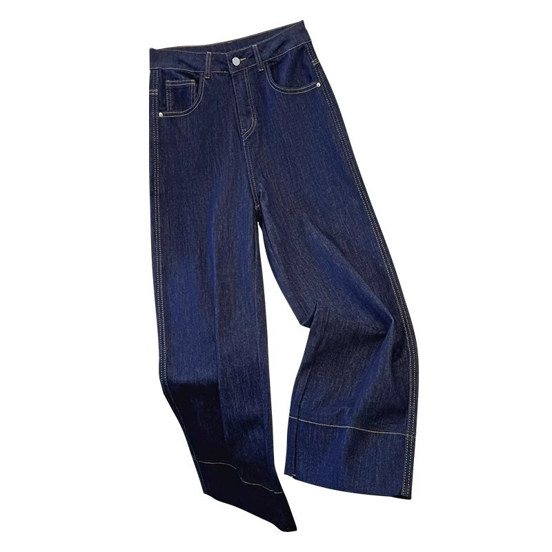 Dark blue jeans, autumn retro fleece trousers, high waist, for teenagers, loose straight fit
