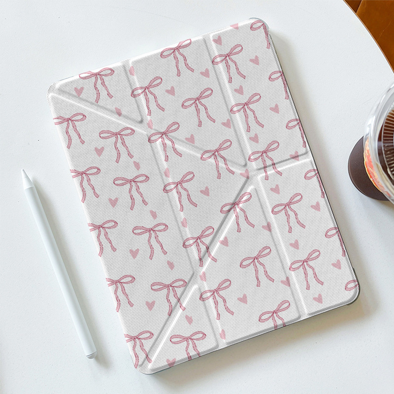 Y-Fold Ins Style Pink Bow Protective Case Magnetic Anti-Fall Suitable for Apple iPad Tablet Protective Case with Pen Slot