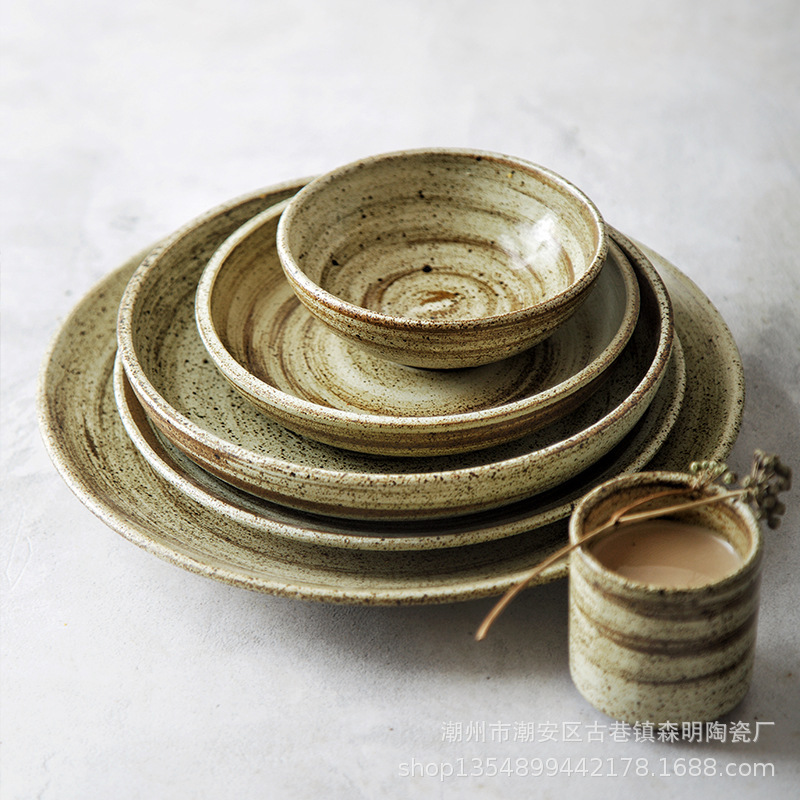 Clay Creative Ceramic Tableware Household Stoneware Rice Bowl Tea Cup Plate Dessert Plate Restaurant Vintage Tableware Set
