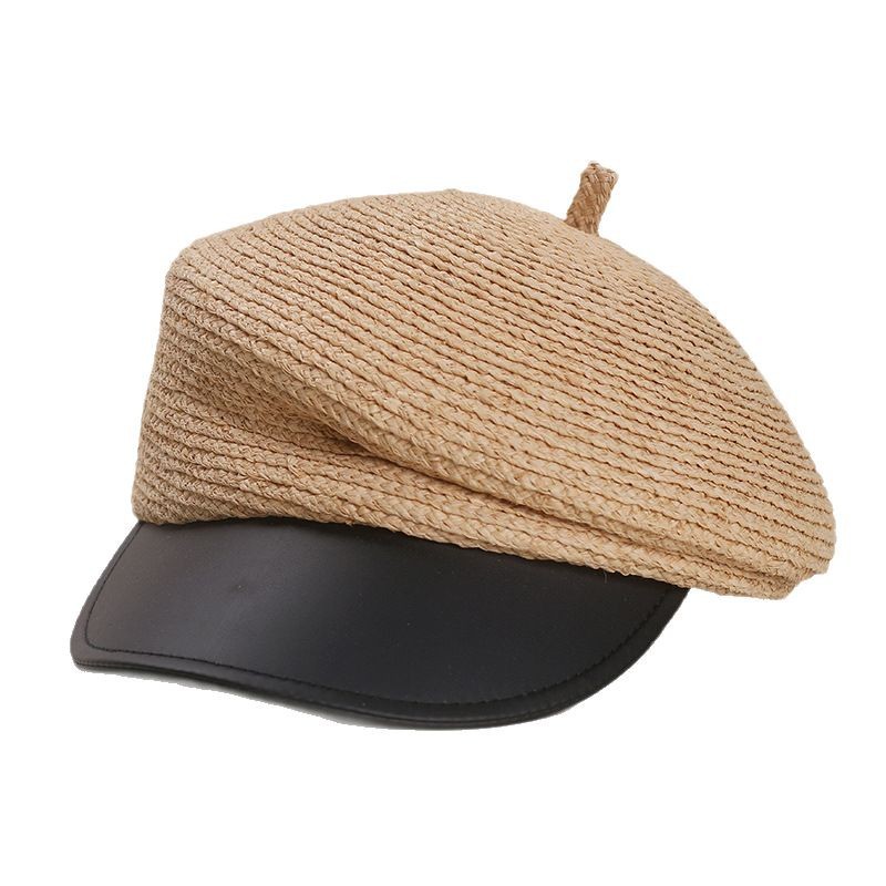 Mũ nồi beret đan rơm thủ công phong cách retro Hàn Quốc cho nữ mùa hè — Màu đen