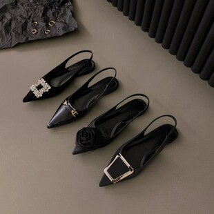 Flat Fragrant Style Black Toe Sandals Women's Shoes 2025 Spring and Summer Dress French Pointed Rhinestone Shoes