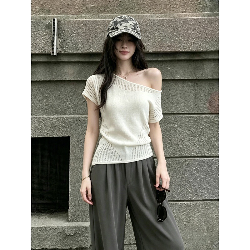 Korean-Style One-Shoulder Short-Sleeve Knit Top for Women, Summer Wear, Unique Hollow-Out Design, Trendy Slim-Fit T-Shirt, Instagram Style