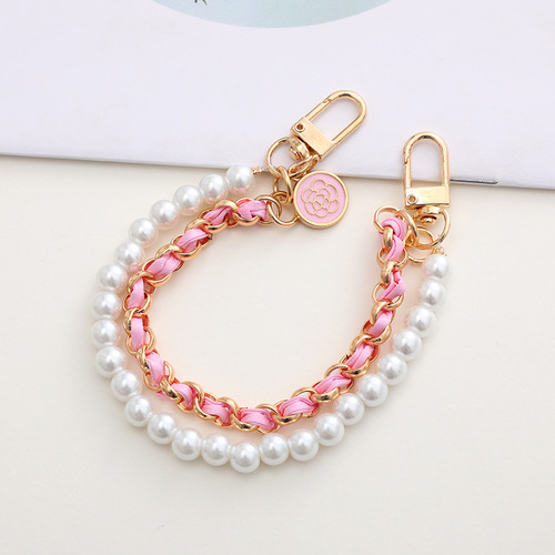 New pearl double chain mobile phone chain diy mobile phone case jewelry student water cup bag hand-made leather chain