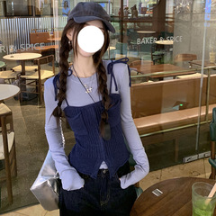 韩系入秋穿搭套装小个子针织吊带背心叠穿长袖T恤女打底衫两件套