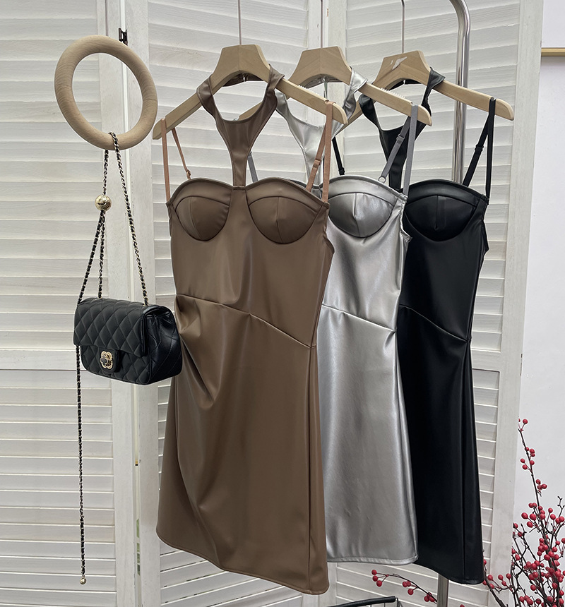 Chest Pad Halter Spaghetti Straps Dress Sexy Slim Fit Ruffle Hip Faux Leather Sexy
