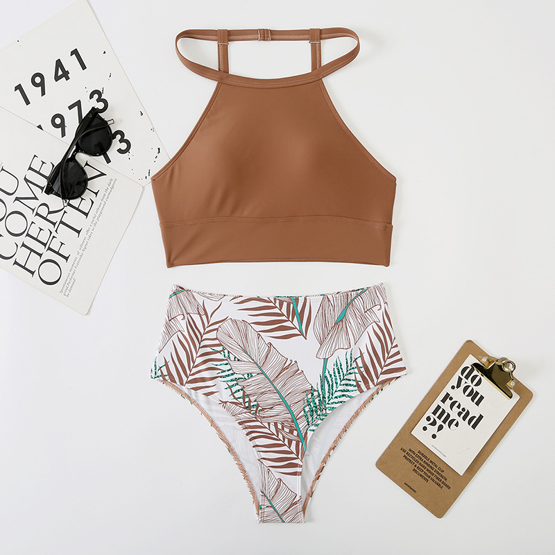 Women's Sexy High-Waisted Two-Piece Bikini Swimsuit High Neck Tie-Detail Abstract Print Polyester Nylon Regular Fit For Spring/Summer_ecoleips.com