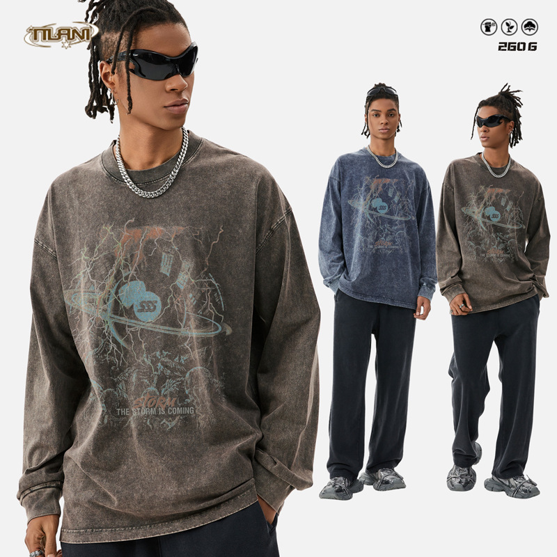 TILANI Men's Cross-border Special for Cool Graffiti Printing Original dark gray 260G Dressed High Street Crewneck T-shirt