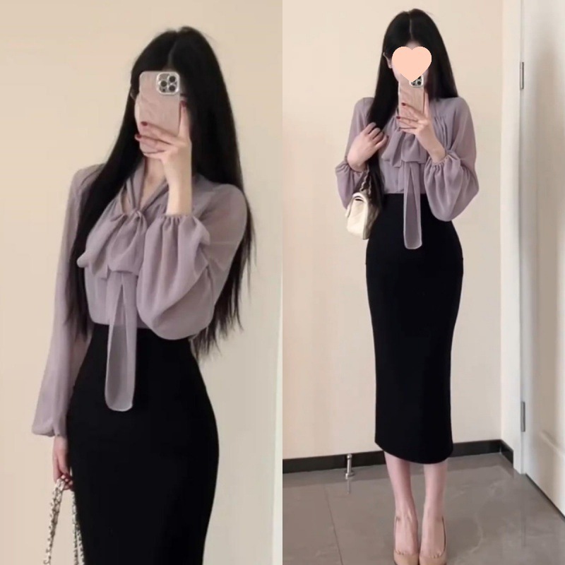 一整套韩系穿搭春秋新款轻熟风领系带衬衫上衣包臀半身裙两件套|undefined